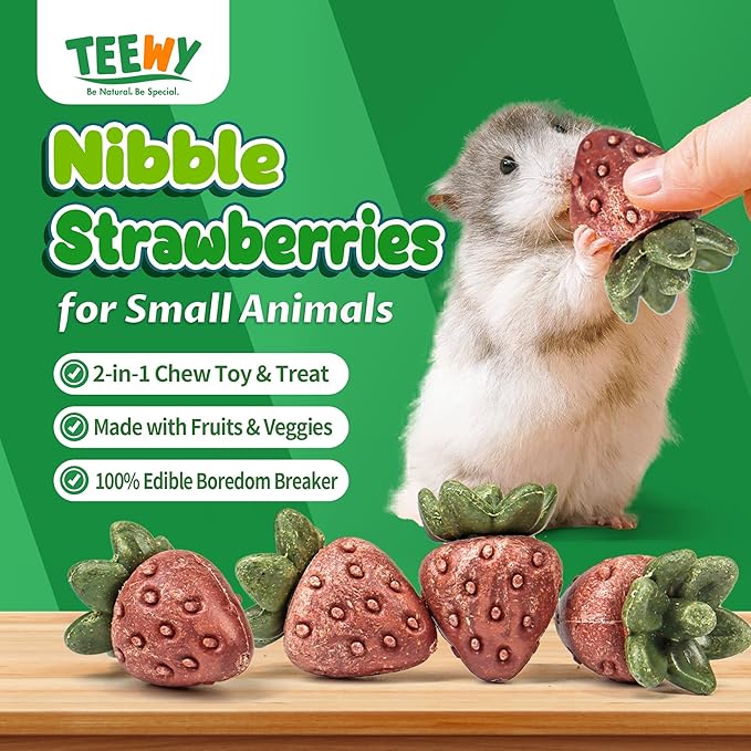 TEEWY 4PCS Hamster Chew Toys, Guinea Pig Chew Toys for Teeth with Natural Vegetables and Timothy Grass, Chinchilla Toys,Dental Care for Rats/Guinea Pigs/Hamsters and Gerbil, Strawberry-Shape