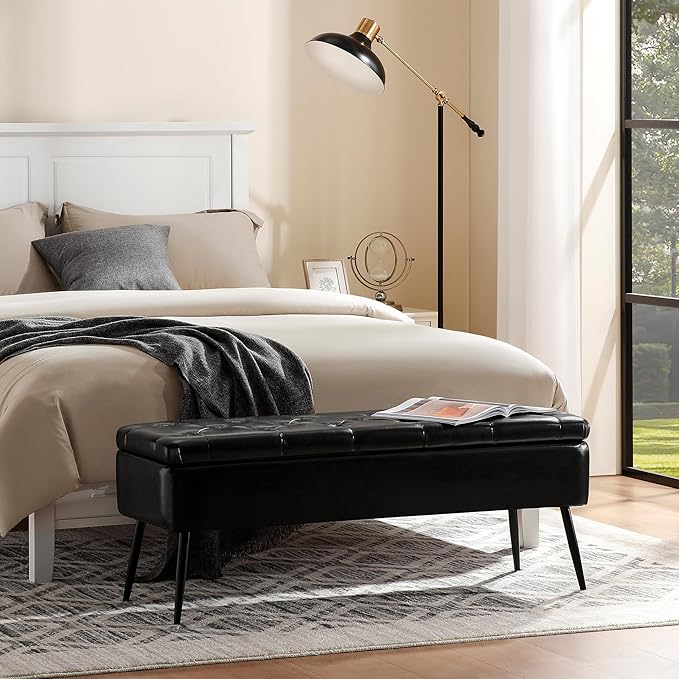 Leather Storage Ottoman Bench,End of Bed Bench for Living Room Bedroom Dinning Room Entryway,Mid-Century Modern,Faux Leather,with Steel Legs,Safety Hinges, Loads 660 lb (with Button, Black)