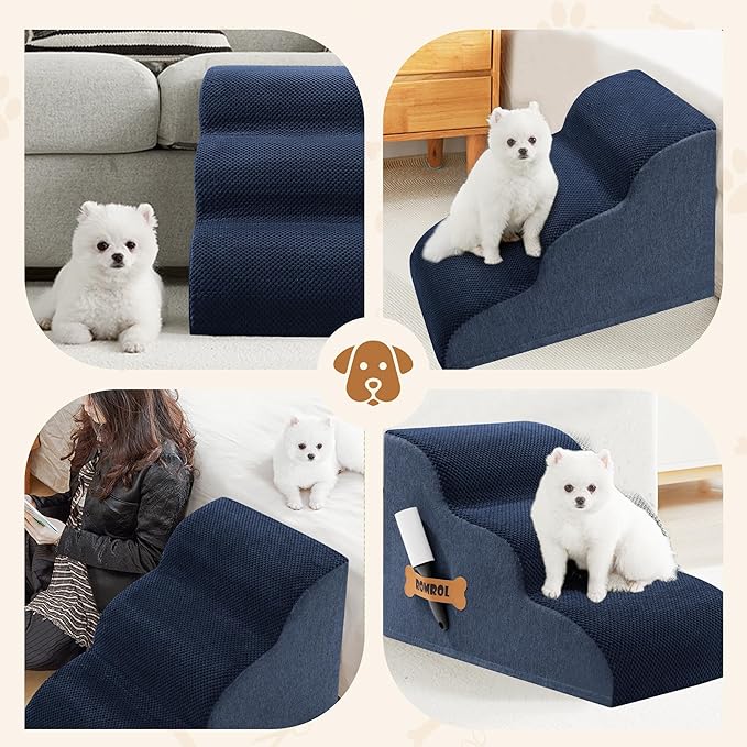 Romrol Dog Stairs Ramp for High Beds Couches, High Density Foam Pet Steps with Durable Non-Slip Waterproof Fabric Cover, Dog Stairs for Small Dogs or Cats or Pets, 3-Step,15 Inch,Navy