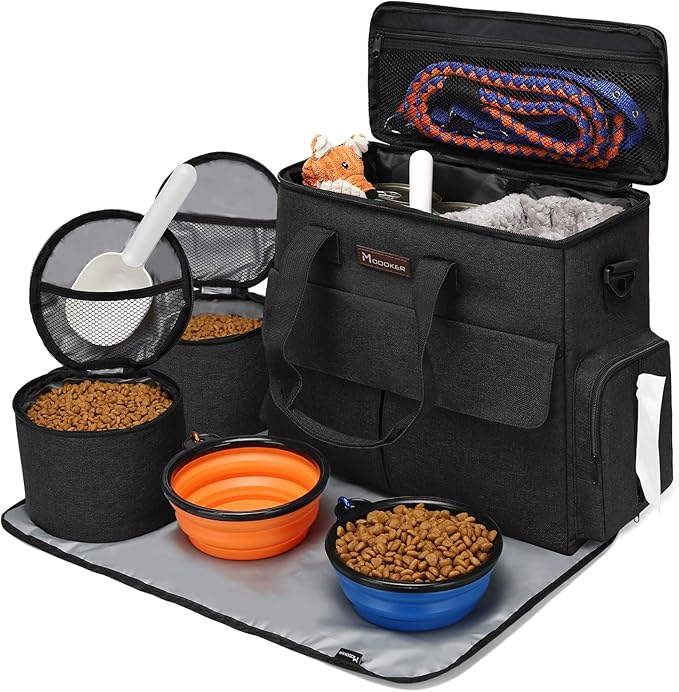 Dog Travel Bag by Modoker - Dog Travel Kit for a Weekend Away Set Includes Pet Travel Bag Organizer for Accessories, 2 Collapsible Bowls, 2 Travel Food Container (Black)