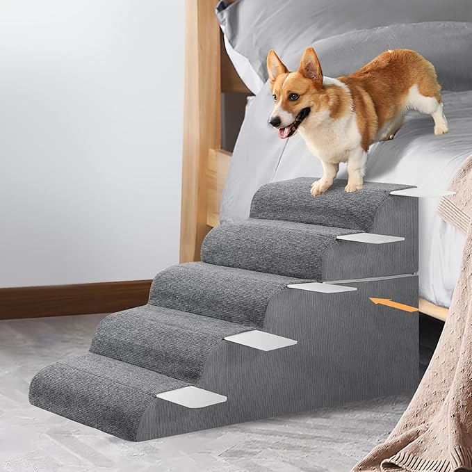 𝟱 𝗦𝘁𝗲𝗽𝘀 Dog Stairs for High Beds, 21.3" Tall Pet Steps for Small to Large Dogs & Cats, Waterproof with Removable Cover & PE Support Board for Bed, Couch, or Car