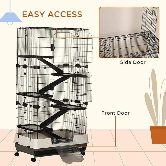 PawHut 59.5" Small Animal Cage with Wheels, 6-Level Portable Bunny Cage, Chinchilla Ferret Cage with Removable Tray, Platform and Ramp