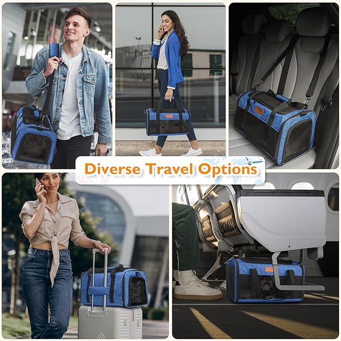 PETUX TSA Approved Pet Carrier in Cabin, 17"x11"x9.5" Soft Cat Carriers for Small Cat up to 12 lb and Puppy up to 10 lb, Top Open Portable Pet Carrier Airline Approved for Travel and Vet Visit (Blue)