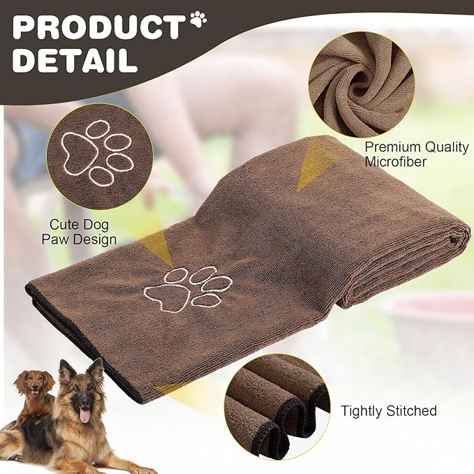 Chumia 4 Pack Dog Towels for Drying Large Microfiber Grooming Tools Absorbent Soft Bath Supplies with Embroidered Paw for Small Medium Pet Products(16 x 32 Inch,Brown)