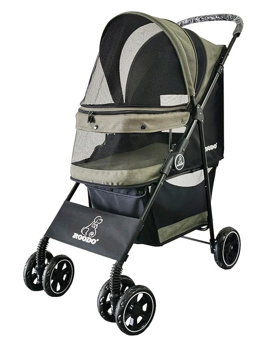 ROODO 4 Wheel Dog Cat Pet Stroller Best Lightweight Foldable Compact Portable Jogger All Terrain Travel Pet Gear Puppy Doggie Bunny Kitty Stroller for up to 30lbs Medium Small Dogs Cats(sage Green)