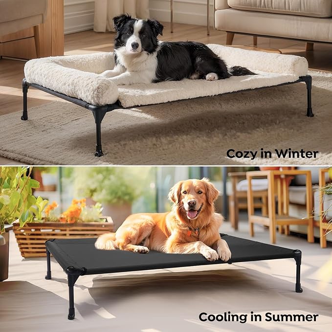 Veehoo Cooling Elevated Dog Bed Add Removable Deluxe Rose Plush Bolster Cushion Mat, 41" x 27" Washable Dog Couch Bed, Raised Pet Cot with Breathable Teslin Mesh, No-Slip Feet, White, CWC2439B
