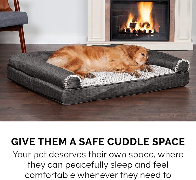 Furhaven Orthopedic Dog Bed for Large Dogs w/ Removable Bolsters & Washable Cover, For Dogs Up to 125 lbs - Luxe Faux Fur & Performance Linen Sofa - Charcoal, Jumbo Plus/XXL