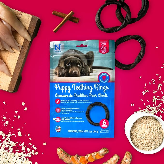 N-Bone Puppy Teething Rings Grain-Free Blueberry & BBQ Flavor Dog Treat, 6 Count Bag, 7.2-oz