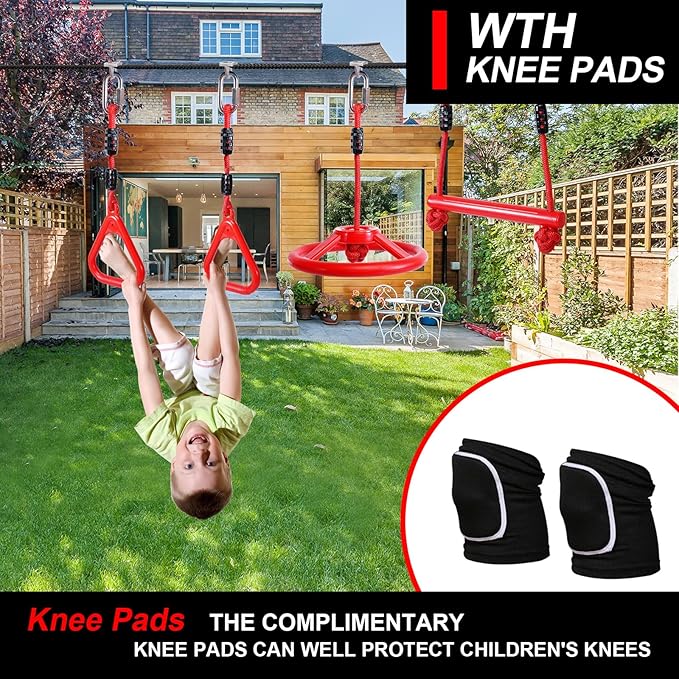 Ninja Warrior Obstacle Course for Kids Backyard with A Pair of Knee Pads, 60’ Ninja Slackline and Slackline Protective Tube with Unique Obstacles Climbing Net, Ninja Wheel, Monkey Bars, Gym Rings