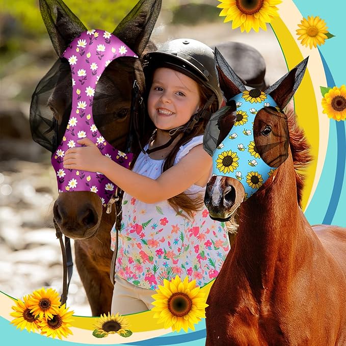 Qualirey12 Pieces Horse Fly Mask Bulk Comfortable Elasticity Mask for Horses with Ears Net UV Protection Breathable Horse Supplies Face Covering for Horse Pony and Foal (Flower Patterns, Large)