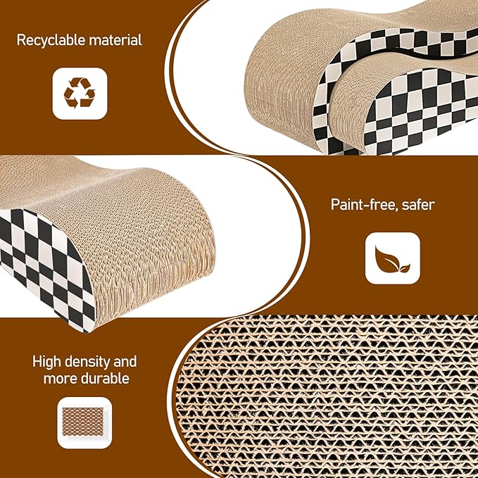 2 in 1 Cat Scratcher Cardboard Lounge Bed, Cat Scratching Post, Durable Board Pads Prevents Furniture Damage,Large,Checkerboard