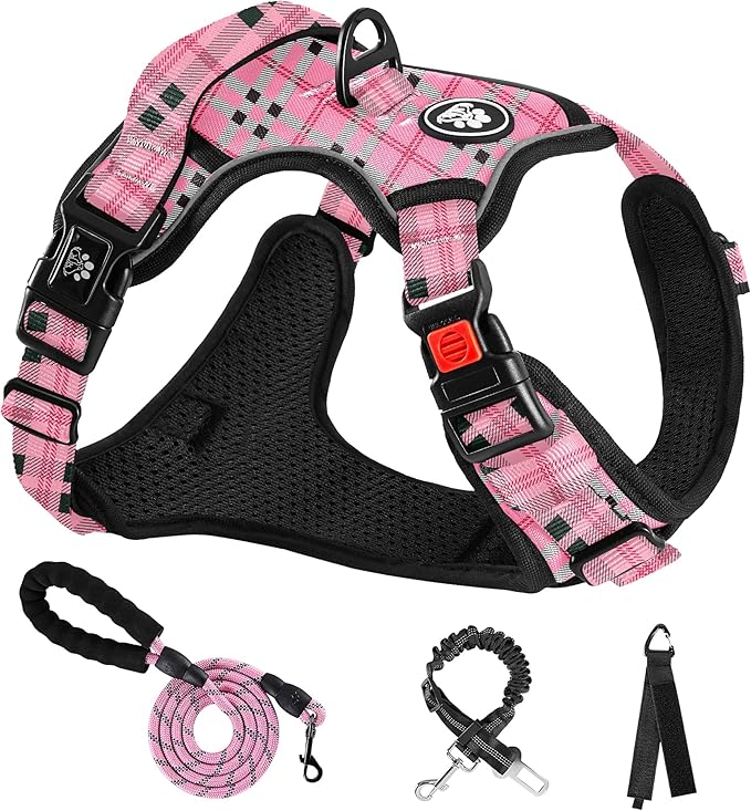 NESTROAD No Pull Dog Harness with Leash, Reflective No Choke Pet Vest Harness,Adjustable Soft Padded Dog Harness with Easy Control Handle for Medium Dogs(Checkered Pink,Medium)