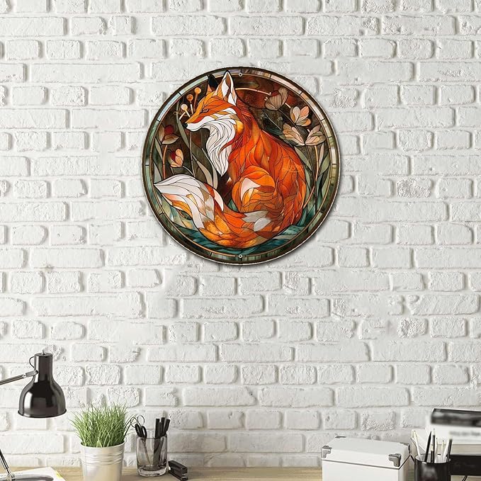 Lygond Metal Sign Tin Sign Circular Stained Glass Red Fox Funny Garden Signs for Garden 8×8 Inches