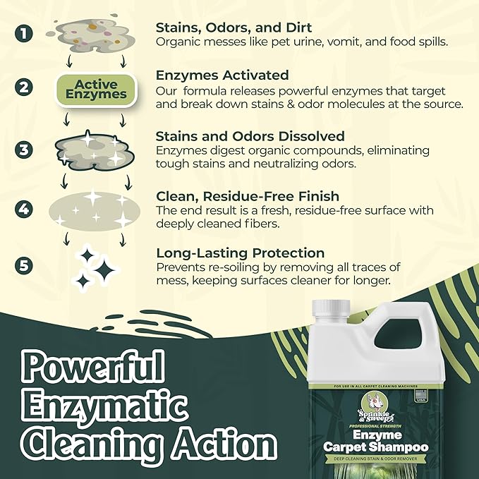 Sprinkle & Sweep Enzyme Carpet Shampoo (32oz) - Carpet Cleaner Solution to Eliminate Tough Stains & Neutralize Odors at the Source - Car, Furniture, Carpets & Rug Cleaner - Use with All Machines