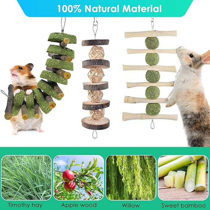 ERKOON Bunny Chew Toys, Rabbit Chew Toys for Teeth Grinding, Improve Dental Health, 100% Natural Apple Wood Timothy Grass Cake Treats for Rabbits Guinea Pigs Chinchillas Bunnies Hamsters (5 Pcs)