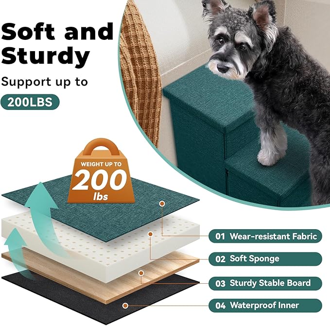 Dog Stairs with Storage 18" H, 3-Step Wider Dog Steps for Small/Medium/Large Old Dogs Cats, Folding Sturdy Pet Stairs for Climbing Bed Couch, Ramp for Car Hold Up to 200 lbs, Dark Green
