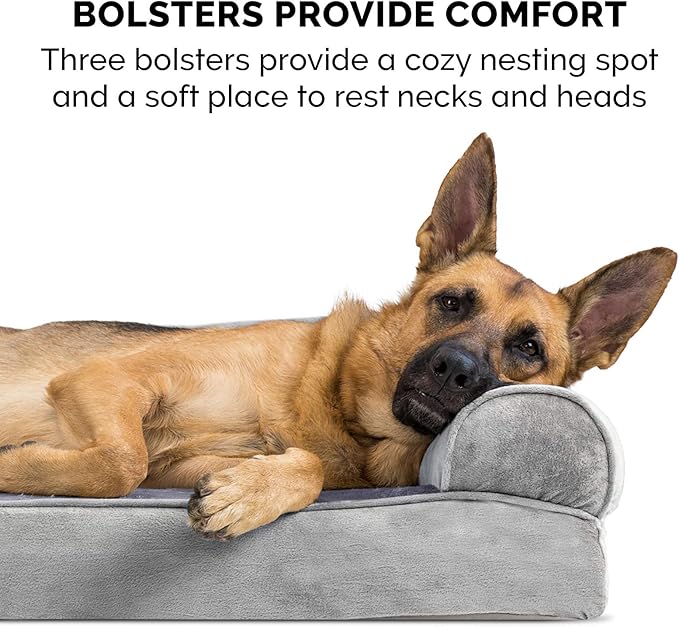 Furhaven Orthopedic Dog Bed for Large Dogs w/ Removable Bolsters & Washable Cover, For Dogs Up to 125 lbs - Faux Fur & Velvet Sofa - Smoke Gray, Jumbo Plus/XXL