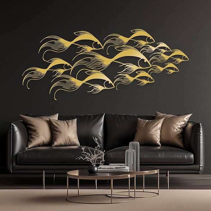 School of Fish Metal Wall Art, Metal Fish Wall Decor, Sea Life Wall Art, Large Nautical Wall Hanging, Modern Beach House Wall Decor, Ocean Themed Artwork for Bathroom (Gold, 35"x15" | 90x38cm)