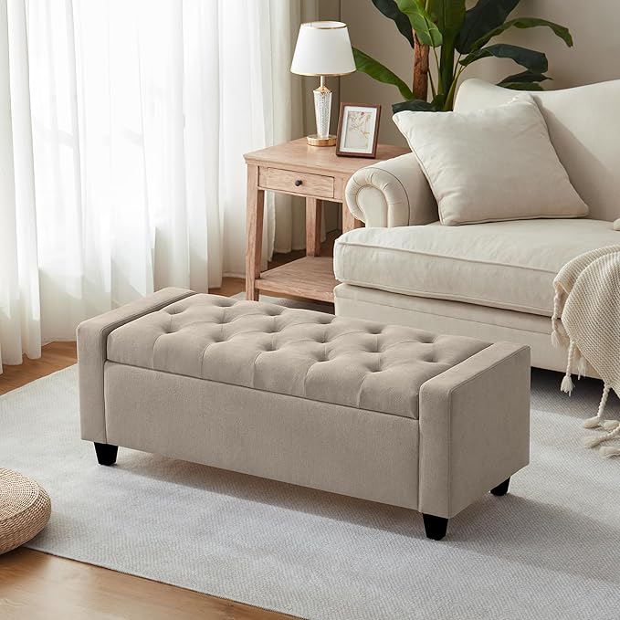 Ottoman with Storage, 48.8" Fabric Storage Ottoman Bench with Hinge, Bedroom Bench, Upholstered Benches with Seating for Living Room, Entryway (Khaki)