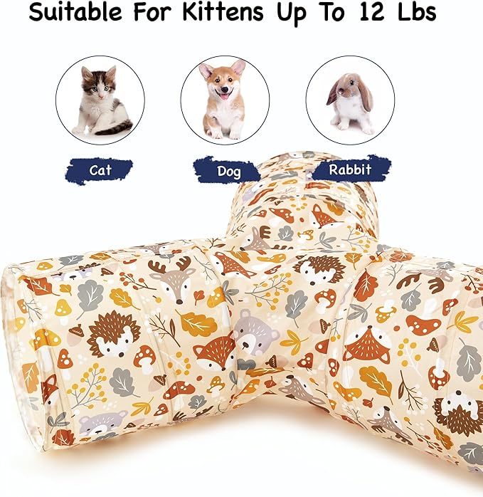 Tempcore Pet Cat Tunnel Tube Cat Toys 3 Way Collapsible, Cat Tunnels for Indoor Cats，Kitty Tunnel Bored Pet Toys Peek Hole Toy Ball Puppy, Kitty, Kitten, Rabbit Beige Deer