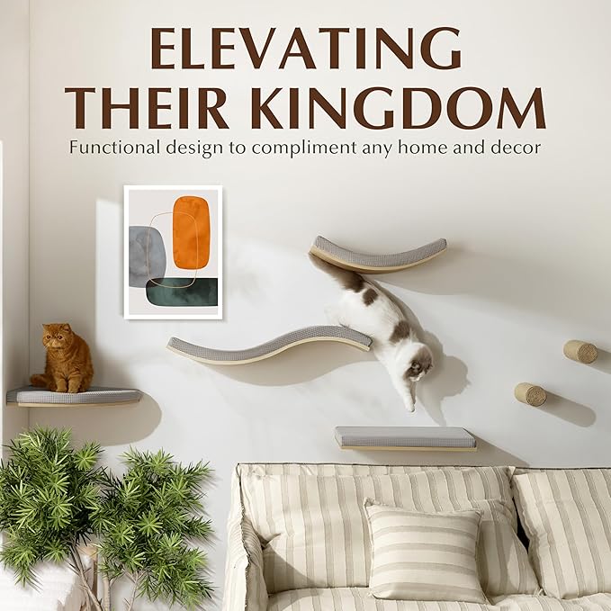 Extra Large 23.6”x12.6” CALLICO HAVEN- Stylish Cat Wall Shelves with Cushion, Modern Wall-Mounted Cat Tree Furniture, Window Cat Shelf & Perch, Sturdy/Hidden Mounts, Washable Cover - Flat Shape