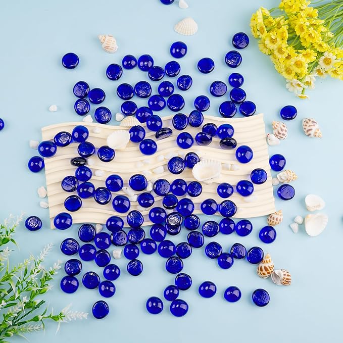 Blue Glass Marbles, 0.97 LB Transparent and Smooth Flat Glass Beads for Vases, Mosaic Gem Pebbles for Aquarium Decor, Floral Arrangements, Mancala Stones, Vase Filler and Crafts (Approx. 80-100 PCS)