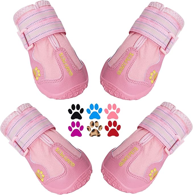 QUMY Dog Shoes for Large Dogs, Medium Dog Boots & Paw Protectors for Winter Snowy Day, Summer Hot Pavement, Waterproof in Rainy Weather, Outdoor Walking, Indoor Hardfloors Anti Slip Sole Pink 3