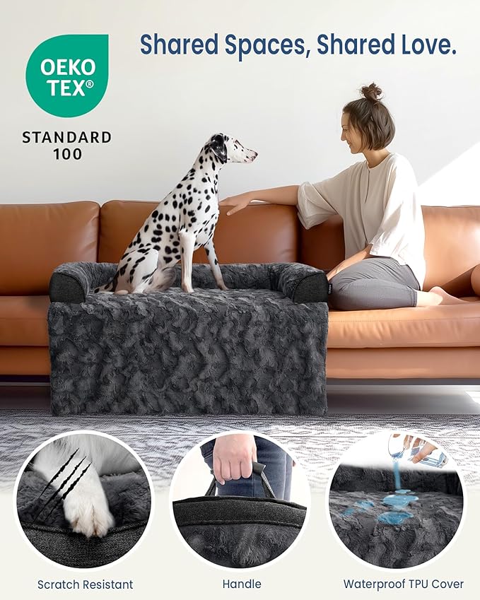 Calming Extra Large Dog Bed for Couch, 45 x 37 inch Removable Couch Cover for Dogs Washable, Non-Slip Fluffy Plush Dog Sofa Mat for Furniture Protector - Dark Grey