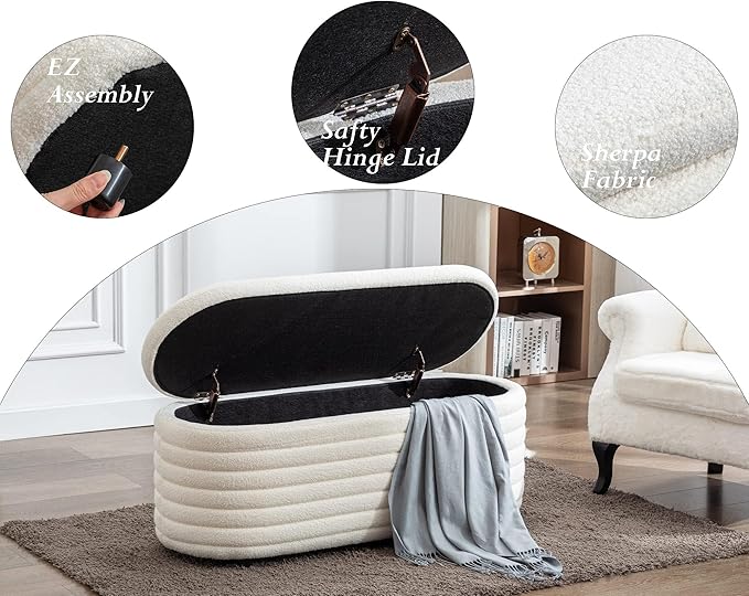 Storage Teddy Ottoman Bench Upholstered Fabric Storage Bench End of Bed Stool with Safety Hinge for Bedroom, Living Room, Entryway, Closet(44.5", White)