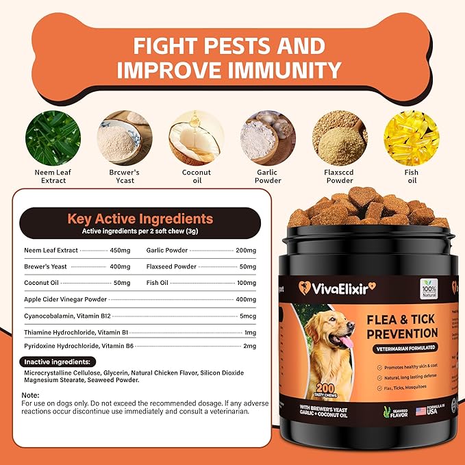 Flea and Tick Prevention for Dogs – 200 Soft Chews - Dog Flea and Tick Treatment & Oral Flea Pills – Skin & Coat Health - Made in USA - for Small, Medium, Large Dogs