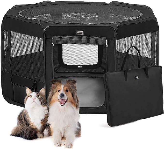 DONORO Dog Playpen Portable Pet Play Pens for Small Dog/Cat/Rabbit/Chicks, Cat Playpen Indoor/Outdoor with Carring Case, Removable Zipper Top and Bottom (Black, Medium (36"x36"x20"), 8)