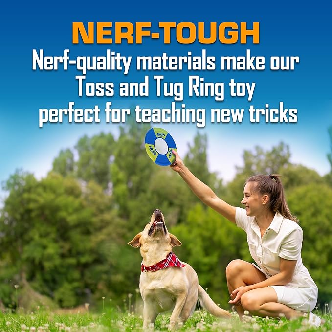 Nerf Dog Trackshot Toss and Tug Ring Outdoor Dog Toy 2 Pack, 9 Inch Dog Tug and Fetch Toy, for Medium and Large Breeds, Blue/Orange/Green