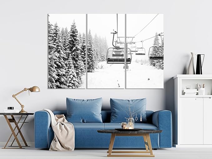 Nature Wall Art Prints - Ocean Forest Mountain Lake Canvas Landscapes - Small to Extra Large Living Room Bedroom Kitchen Bathroom Décor (Ski Lift on Snowy Mountain, 55L" x 83W"- 3 Panels)