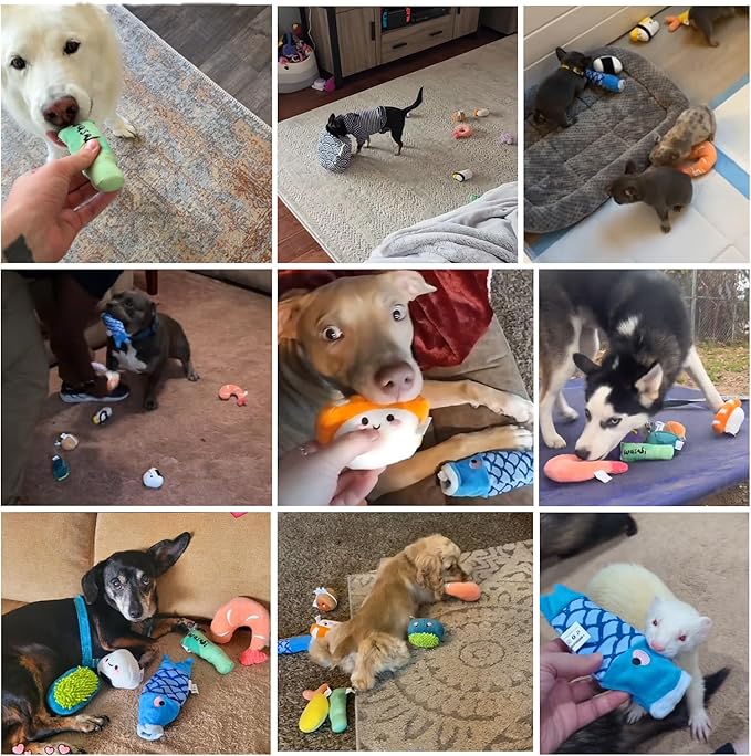 Nocciola 10 PCS Sushi Small Dog Toys to Keep Them Busy, Cute Stuffed Puppy Toys with Bag, Plush Dog Squeaky Toy for Small to Medium Dog, Doggie Birthday Gifts
