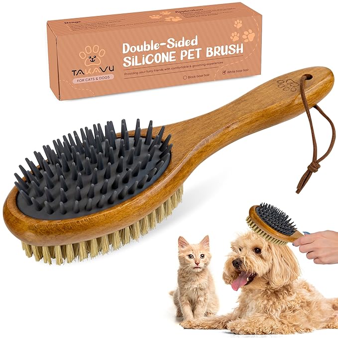 TAKAVU Short Hair Dog & Cat Deshedding Brush - Double Sided Grooming Tool with Silicone Massage & Bristle Sides - Removes Loose Fur & Dirt - Wood Handle