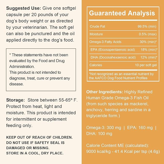 Wild Caught Omega 3 Fish Oil for Dogs - 180 Softgel Capsules for Healthy Skin and Coat - Large 1000 mg Dog Fish Oil Pills for Shedding, Dry Itching Skin, and Hot Spots - Pet Omega Salmon Supplement