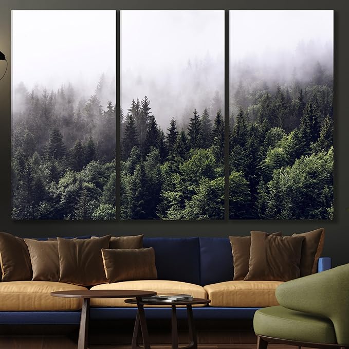 Nature Wall Art Prints - Ocean Forest Mountain Lake Canvas Landscapes - Small to Extra Large Living Room Bedroom Kitchen Bathroom Décor (Foggy Pine Forest, 39L" x 59W" - 3 Panels)