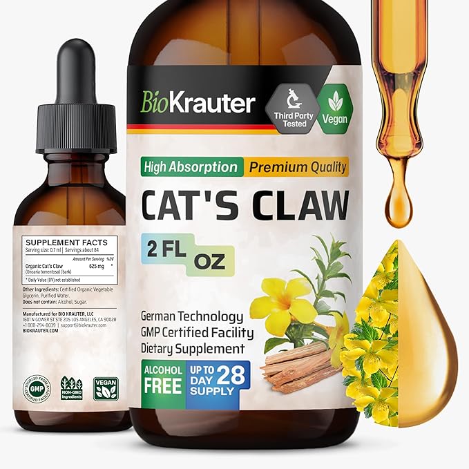BIO KRAUTER Cats Claw Tincture - Vegan Cat's Claw Supplement - Immune Support - Alcohol & Sugar Free Extract - Vegan Drops 2 Fl.Oz.