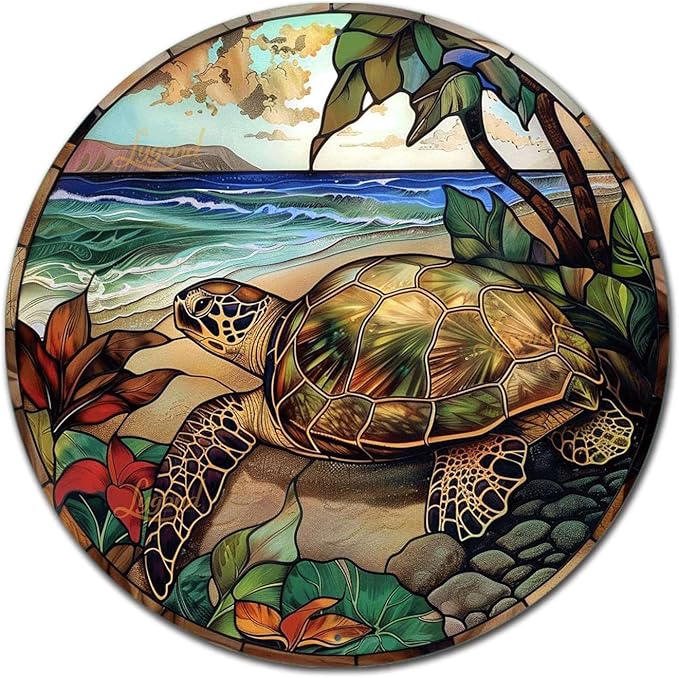 Lygond Metal Sign Tin Sign Circular Stained Glass Turtle Decor Outdoor for Yard 8×8 Inches