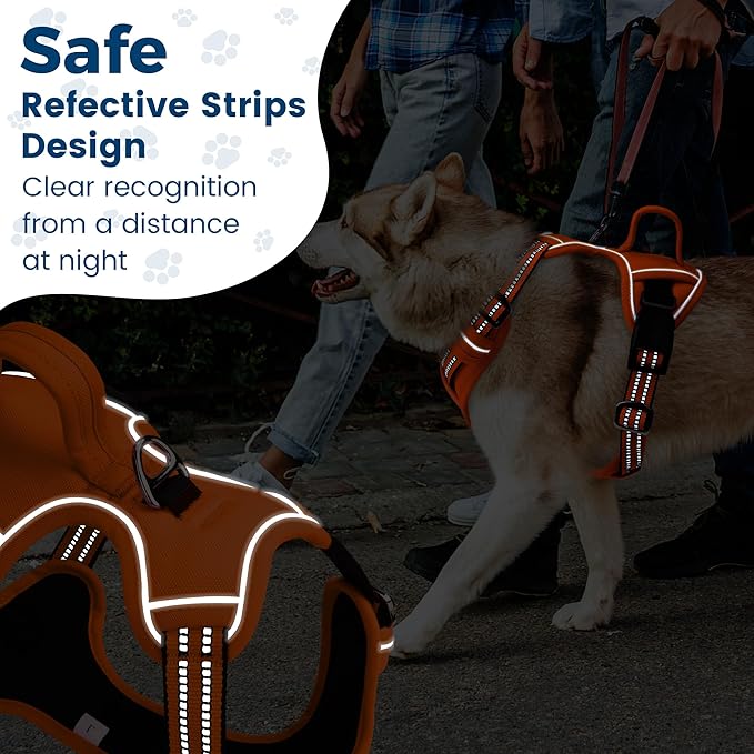 Funfox Dog Harness No Pull, Adjustable Pet Vest Harness, Super Soft Material with Vertical Handle Easy Control, Reflective Night Walking, 2 Leash Clips for Large Dogs, Orange, L