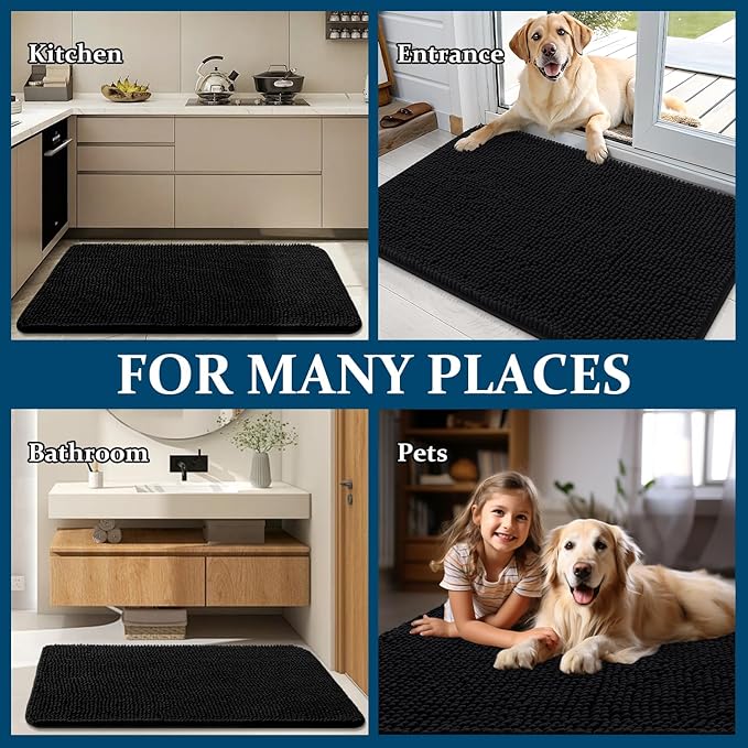 OLANLY Dog Door Mat Set 4-Piece 30x20, Absorbs Moisture and Dirt, Absorbent Non-Slip Washable Doormat, Quick Dry Chenille Mud Mat for Dogs, Entry Indoor Entryway Carpet for Inside Floor, Black