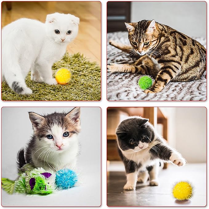 VAPKER 30 Pcs Cat Ball Toys Sparkle Balls Extra Large 2 Inch Cat's Favorite Chase Glitter Ball Glitter Tinsel Pom Poms Balls Green Color