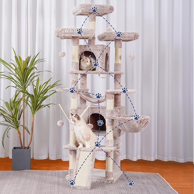 Hey-brother Cat Tree, 71 inches XL Large Cat Tower for Indoor Cats, Multi-Level Cat House with 3 Padded Perches, Big Scratcher, Cozy Basket, 2 Cat Condos and Scratching Posts, Muchroom MPJ034MU