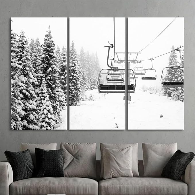 Nature Wall Art Prints - Ocean Forest Mountain Lake Canvas Landscapes - Small to Extra Large Living Room Bedroom Kitchen Bathroom Décor (Ski Lift on Snowy Mountain, 55L" x 83W"- 3 Panels)
