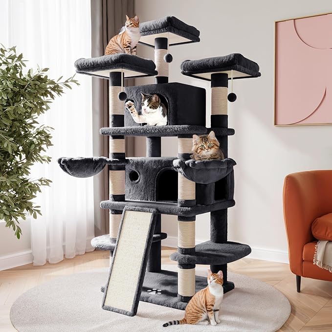 SHA CERLIN 68 Inches Multi-Level Large Cat Tree for Large Kitties/Big Cat Tower with Condo/Cozy Plush ‌Pussycat Perches/Sisal Scratching Posts and Hammocks/Activity Center/Dark Grey