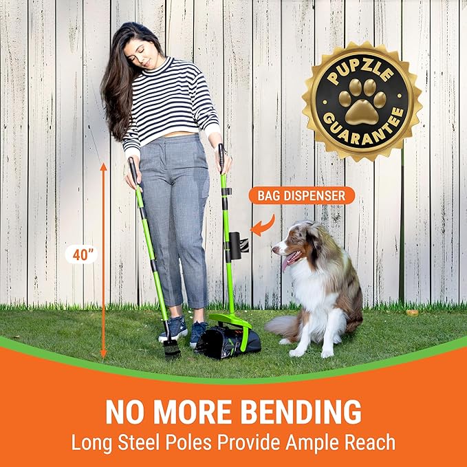 Dog Pooper Scooper with Bag Attachment, 40" Long Handle Pooper Scooper for Large Dogs, Dog Poop Scoop for Yard, Large Capacity Swivel Bin and Rake, Lavender Scented Bags (Green)