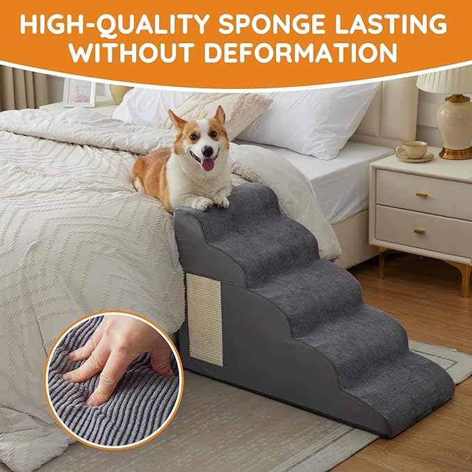 Pet Stairs, Dog Stairs for Small Dogs, Dogs Steps, 3-Step Curved Dog Ramp for Bed, Couch, Sofa, Car and Chairs, Non-Slip Bottom Design, Cat Scratching Board, High Density Foam Portable Pet Step, Grey