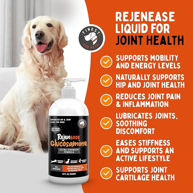 Rejenease Liquid Glucosamine for Dogs with Chondroitin, MSM & Hyaluronic Acid – Finest For Pets Hip & Joint Supplement for Dog Joint Support, Mobility, Stiffness & Pain Relief (32 oz, Made in USA)