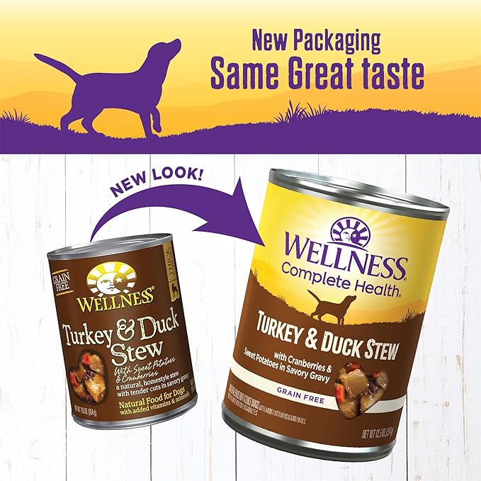 Wellness Complete Health Thick & Chunky Natural Grain Free Canned Wet Dog Food, Turkey & Duck Stew, 12.5-Ounce Can (Pack of 12)