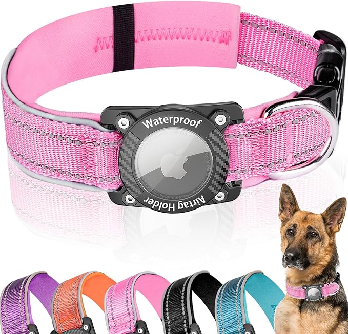 Upgraded AirTag Dog Collar, IP68 Waterproof Dog Collar with Apple Air Tag Holder, Reflective Adjustable Heavy Duty Dog Collars with Soft Padded for Small, Medium and Large Dogs,Pink, M